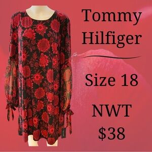 Tommy Hilfiger Women’s Dress Red & Black Floral Print w/ Sheer Long Sleeve NWT